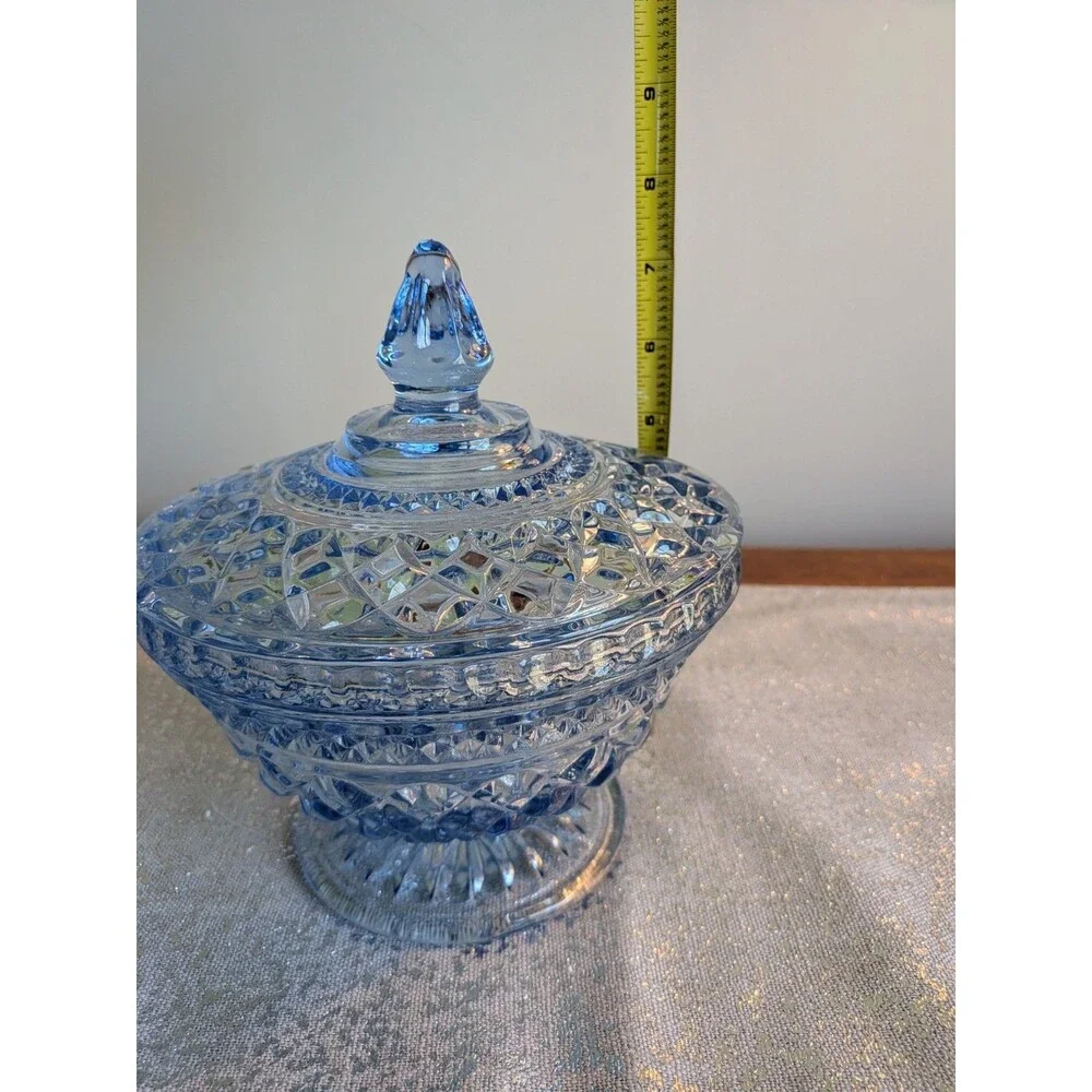 Anchor Hocking WEXFORD Vtg Sapphire Light Blue Footed Compote w/ Lid Candy Dish